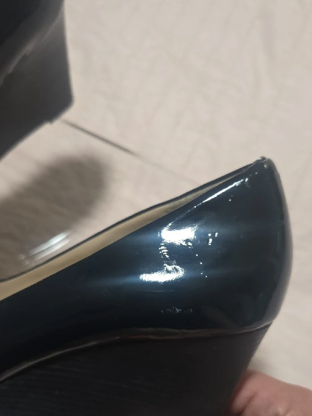Tory Burch Navy Patent Peep-Toe Wedge with Gold Logo Accent